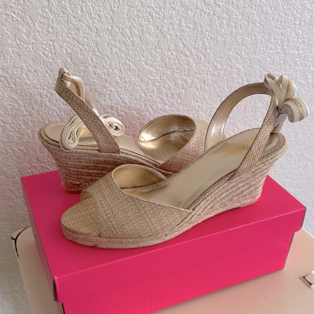Lilly Pulitzer Natural Beige Espadrille Wedge Sandals with Bow